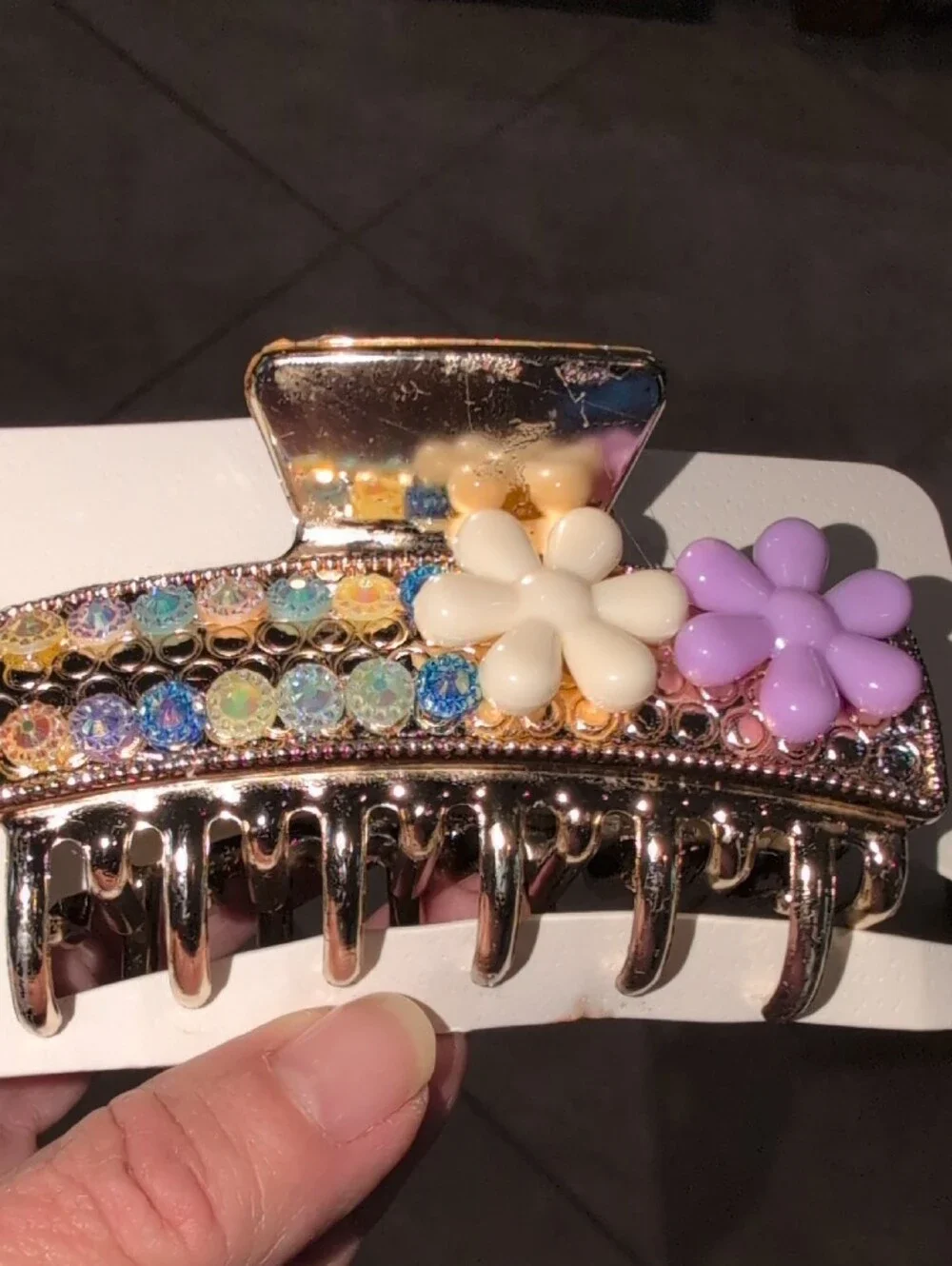 Gold Tone Rhinestone Hair Clip with White & Lavender Flowers